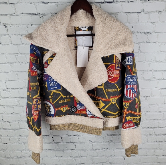 SOSKEN | January tapestry road map knit sherpa button close biker jacket - Picture 4 of 15